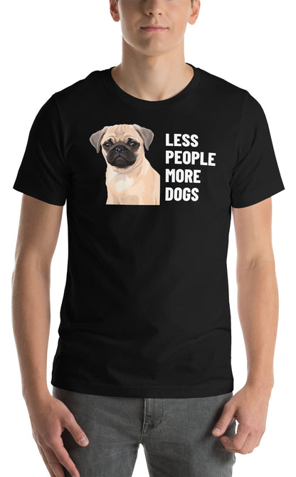 Less People More Dogs Custom Pet T-Shirt (Black), Waffles the Pug: worn by a model. [ks Colour=Black; kind=product]