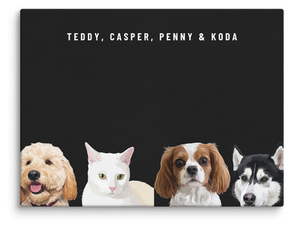 Custom Four Pet Portrait Canvas (Canvas): Teddy the Goldendoodle & Casper the white cat & Penny the Cavalier King Charles Spaniel & Koda the Siberian Husky on a Obsidian background. [ks Style=Canvas; Background=Obsidian]