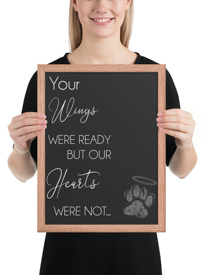 Your Wings Were Ready Quote Sign (Charcoal / Oak Frame): held up to show its size. [ks Background=Charcoal; Style=Oak Frame; kind=product]