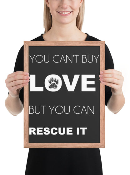 You Can't Buy Love Quote Sign (Charcoal / Oak Frame): held up to show its size. [ks Background=Charcoal; Style=Oak Frame; kind=product]