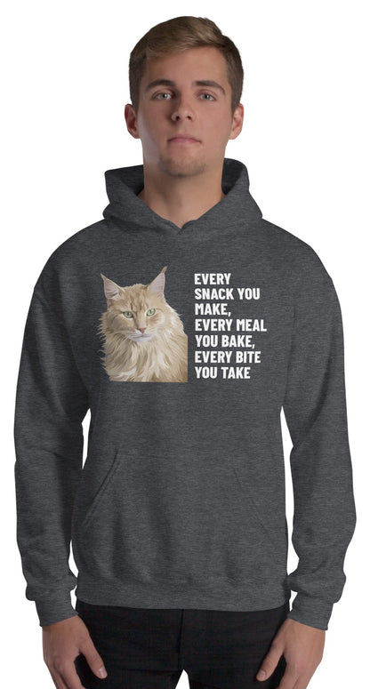 Every Snack You Make, Every Meal You Bake, Every Bite You Take Custom Pet Hoodie (Dark Heather), Caramel the Maine Coon cat: worn by a model. [ks Colour=Dark Heather; kind=product]