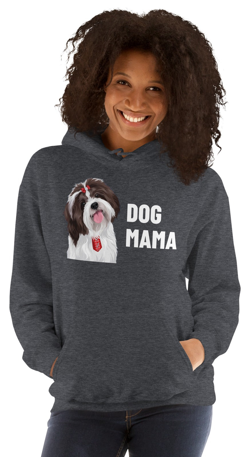 Dog Mama Custom Pet Hoodie (Dark Heather), Pippin the Shih Tzu: worn by a model. [ks Colour=Dark Heather; kind=product]