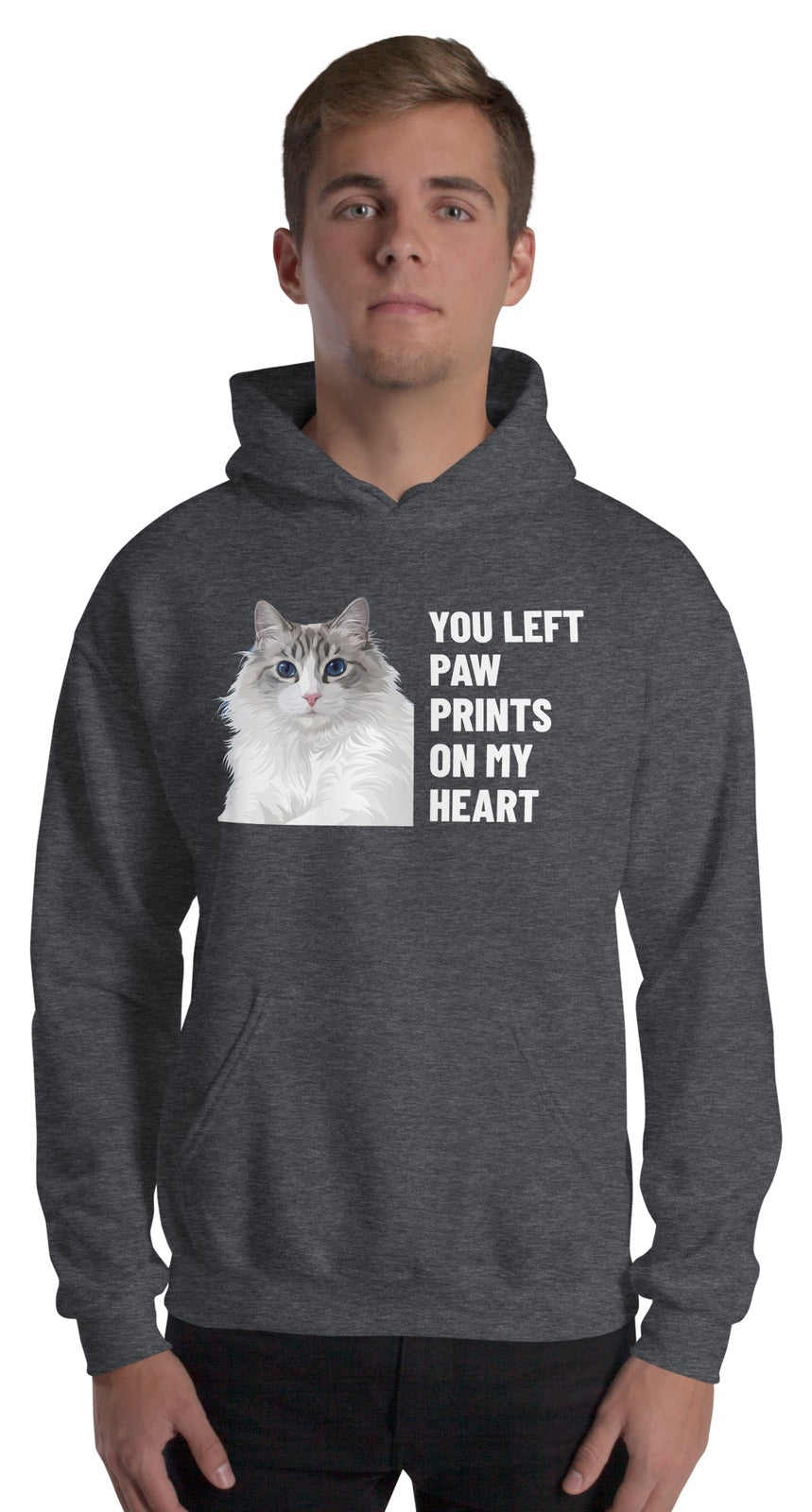 You Left Paw Prints On My Heart Custom Pet Hoodie (Dark Heather), Cloud the Ragdoll cat: worn by a model. [ks Colour=Dark Heather; kind=product]