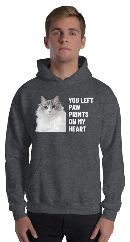 You Left Paw Prints On My Heart Custom Pet Hoodie (Dark Heather), Cloud the Ragdoll cat: worn by a model. [ks Colour=Dark Heather; kind=product]