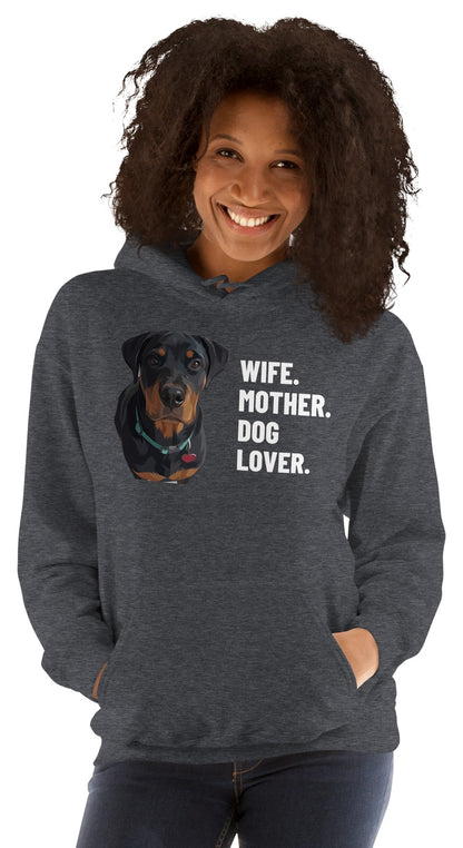 Wife. Mother. Dog Lover. Custom Pet Hoodie (Dark Heather), Thor the Rottweiler: worn by a model. [ks Colour=Dark Heather; kind=product]