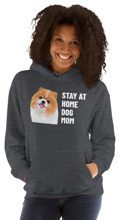 Stay At Home Dog Mom Custom Pet Hoodie (Dark Heather), Nugget the Pomeranian: worn by a model. [ks Colour=Dark Heather; kind=product]