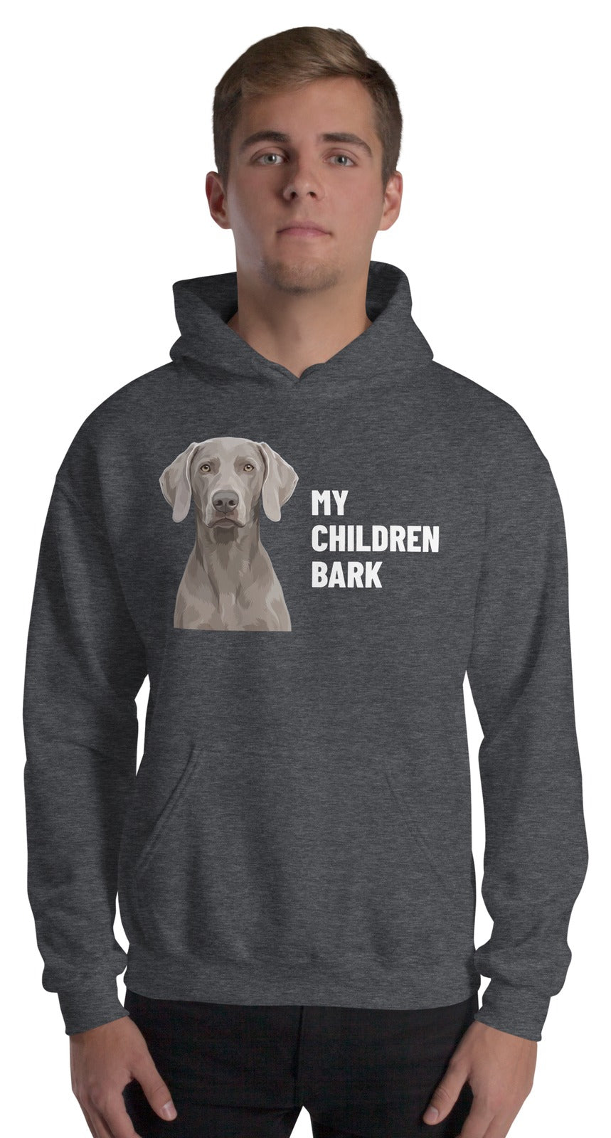 My Children Bark Custom Pet Hoodie (Dark Heather), Pewter the Weimaraner: worn by a model. [ks Colour=Dark Heather; kind=product]