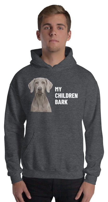 My Children Bark Custom Pet Hoodie (Dark Heather), Pewter the Weimaraner: worn by a model. [ks Colour=Dark Heather; kind=product]