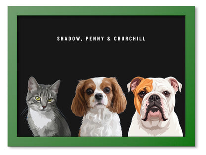 Custom Three Pet Portrait Coloured Frame Print (Forest Green): Shadow the grey tabby cat & Penny the Cavalier King Charles Spaniel & Churchill the English Bulldog on a Obsidian background. [ks Frame Colour=Forest Green; Background=Obsidian]