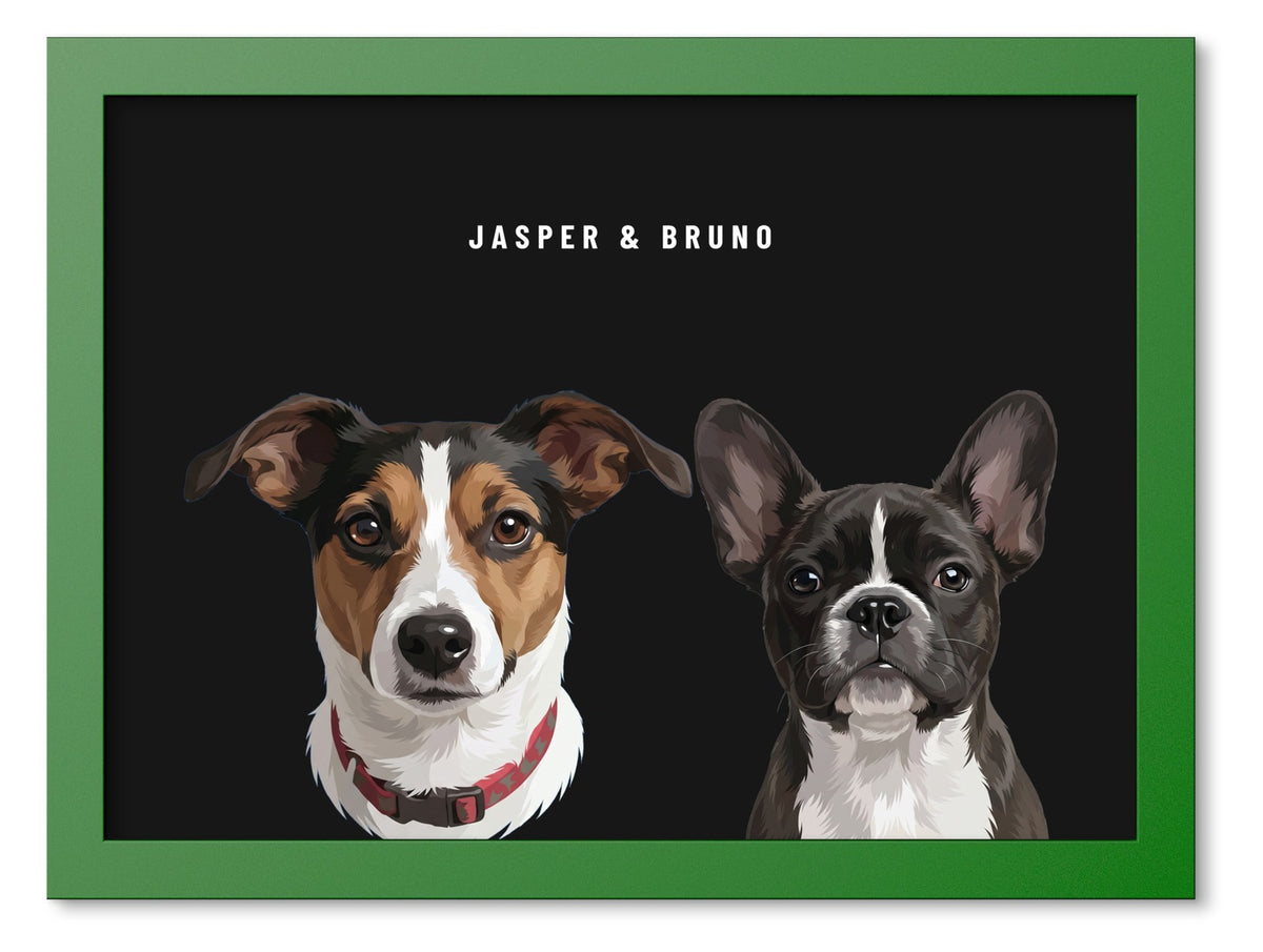 Custom Two Pet Portrait Coloured Frame Print (Forest Green): Jasper the Jack Russell Terrier & Bruno the French Bulldog on a Obsidian background. [ks Frame Colour=Forest Green; Background=Obsidian]