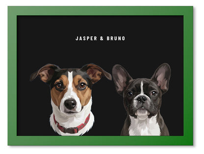Custom Two Pet Portrait Coloured Frame Print (Forest Green): Jasper the Jack Russell Terrier & Bruno the French Bulldog on a Obsidian background. [ks Frame Colour=Forest Green; Background=Obsidian]