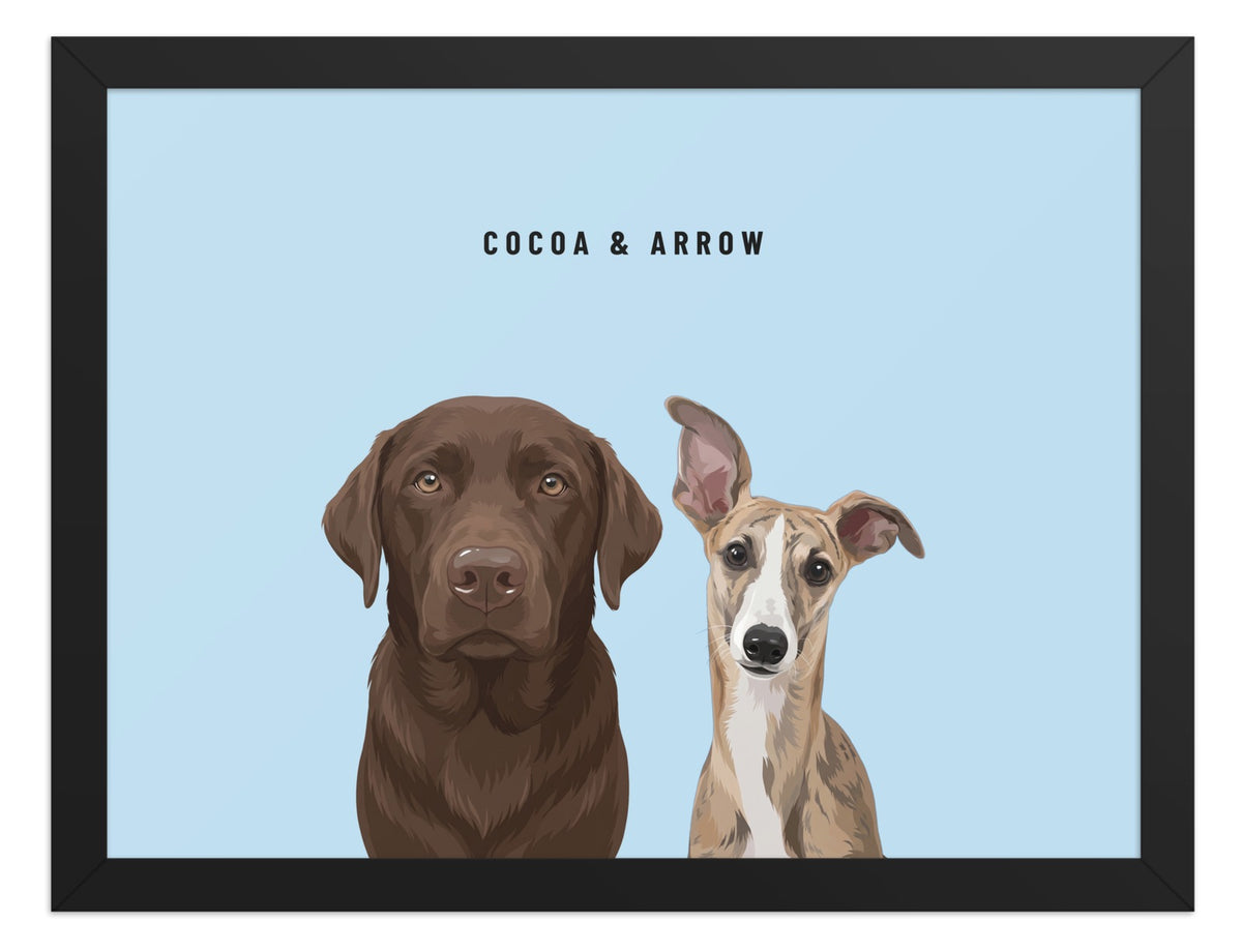Custom Two Pet Portrait Framed Print (Black): Cocoa the chocolate Labrador & Arrow the Whippet on a Sky background. [ks Frame=Black; Background=Sky]