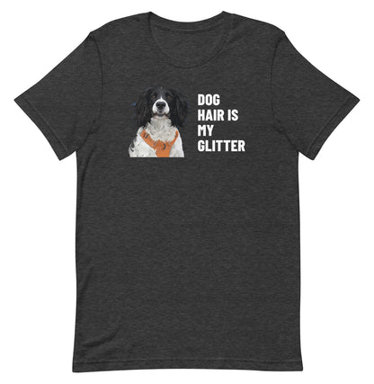 Dog Hair Is My Glitter Custom Pet T-Shirt (Dark Grey Heather), Roscoe the English Springer Spaniel: front view. [ks Colour=Dark Grey Heather; kind=product]
