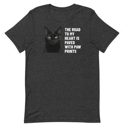 The Road To My Heart Is Paved With Paw Prints Custom Pet T-Shirt (Dark Grey Heather), Olive the black cat: front view. [ks Colour=Dark Grey Heather; kind=product]