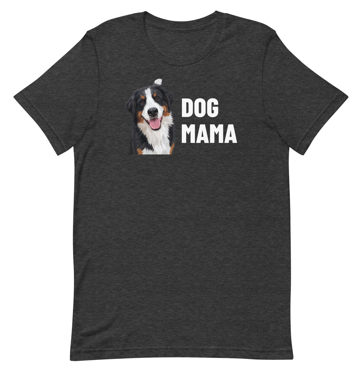 Dog Mama Custom Pet T-Shirt (Dark Grey Heather), Bear the Bernese Mountain Dog: front view. [ks Colour=Dark Grey Heather; kind=product]
