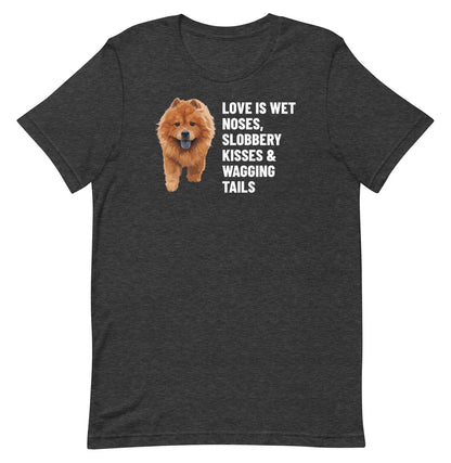 Love Is Wet Noses, Slobbery Kisses & Wagging Tails Custom Pet T-Shirt (Dark Grey Heather), Simba the Chow Chow: front view. [ks Colour=Dark Grey Heather; kind=product]