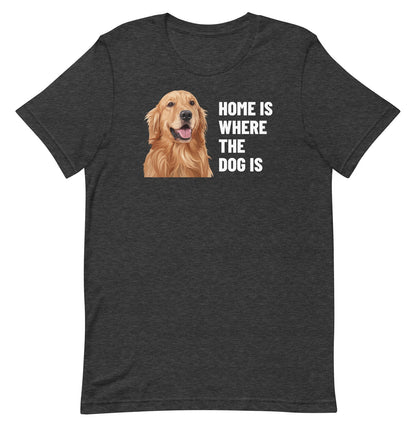 Home Is Where The Dog Is Custom Pet T-Shirt (Dark Grey Heather), Cooper the Golden Retriever: front view. [ks Colour=Dark Grey Heather; kind=product]