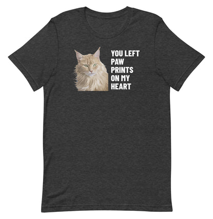 You Left Paw Prints On My Heart Custom Pet T-Shirt (Dark Grey Heather), Caramel the Maine Coon cat: front view. [ks Colour=Dark Grey Heather; kind=product]