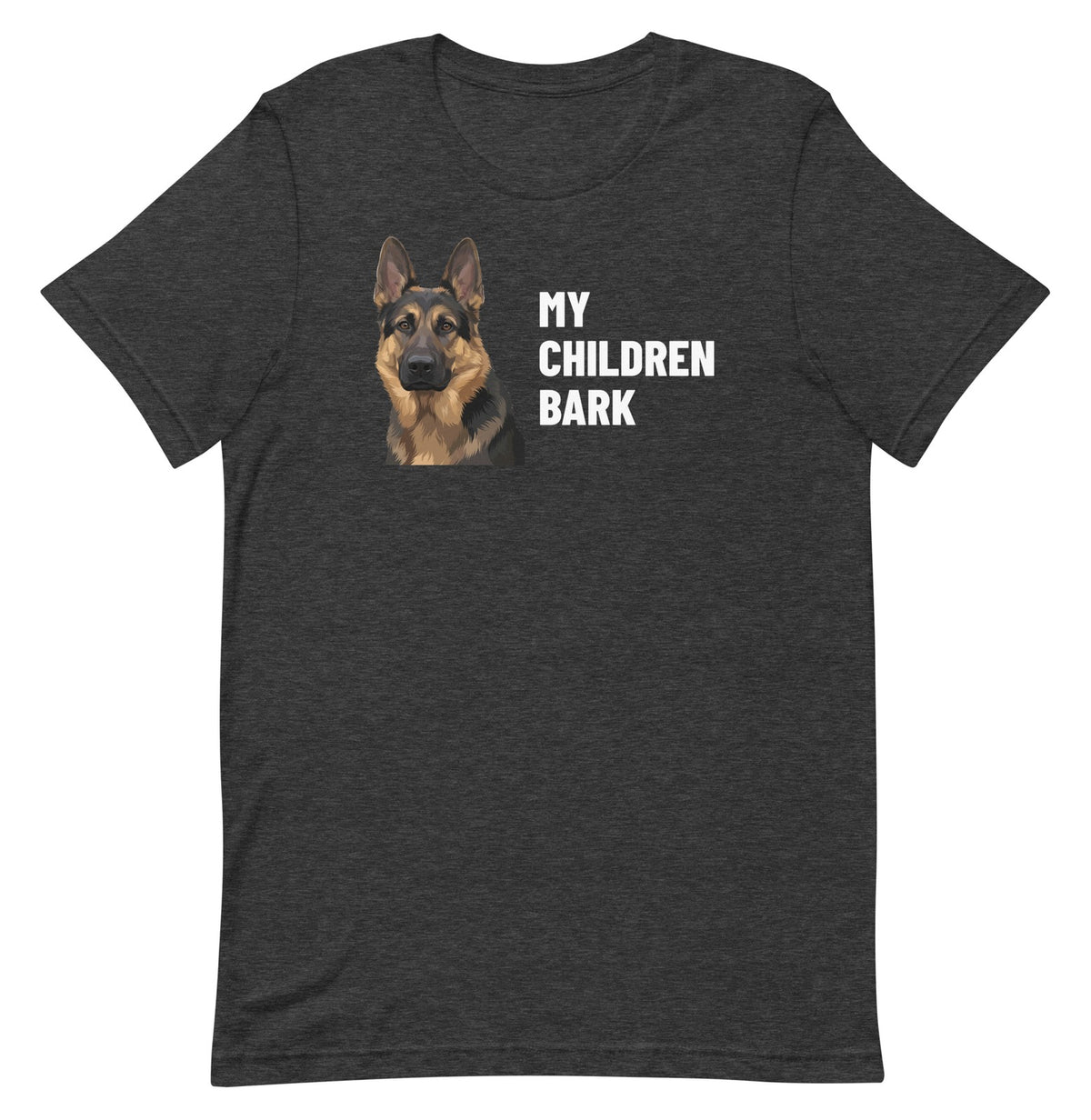 My Children Bark Custom Pet T-Shirt (Dark Grey Heather), Max the German Shepherd: front view. [ks Colour=Dark Grey Heather; kind=product]
