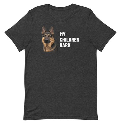 My Children Bark Custom Pet T-Shirt (Dark Grey Heather), Max the German Shepherd: front view. [ks Colour=Dark Grey Heather; kind=product]