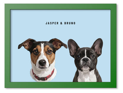 Custom Two Pet Portrait Coloured Frame Print (Forest Green): Jasper the Jack Russell Terrier & Bruno the French Bulldog on a Sky background. [ks Frame Colour=Forest Green; Background=Sky]