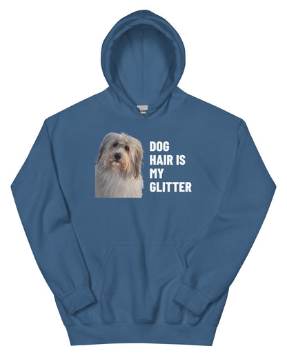 Dog Hair Is My Glitter Custom Pet Hoodie (Indigo Blue), Gandalf the Sheepdog: front view. [ks Colour=Indigo Blue; kind=product]