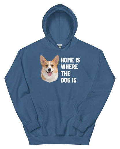Home Is Where The Dog Is Custom Pet Hoodie (Indigo Blue), Bailey the Pembroke Welsh Corgi: front view. [ks Colour=Indigo Blue; kind=product]
