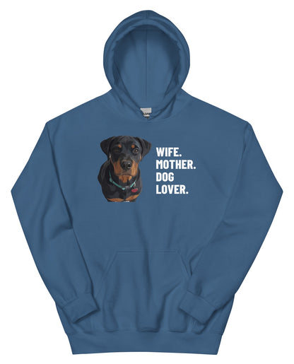 Wife. Mother. Dog Lover. Custom Pet Hoodie (Indigo Blue), Thor the Rottweiler: front view. [ks Colour=Indigo Blue; kind=product]