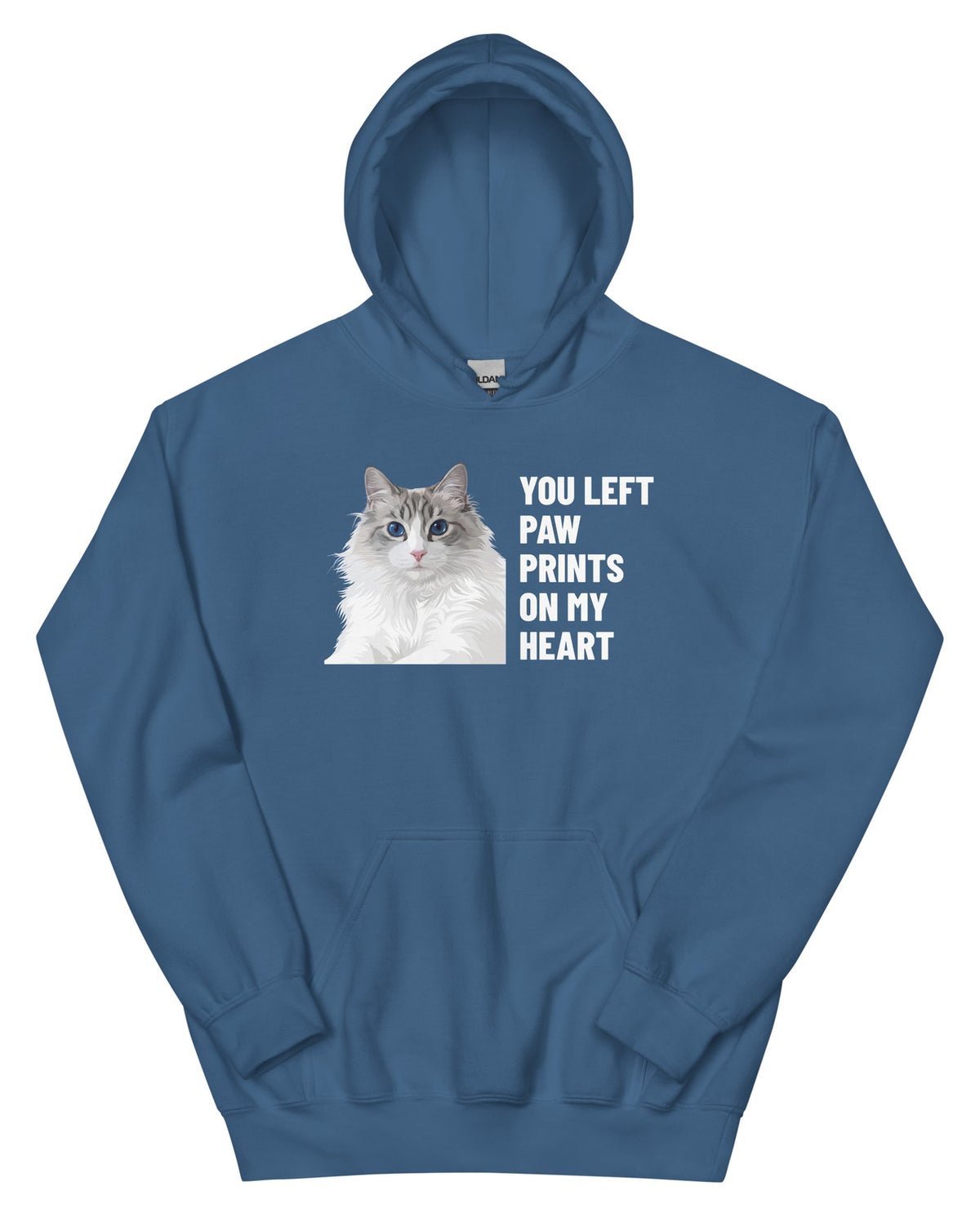 You Left Paw Prints On My Heart Custom Pet Hoodie (Indigo Blue), Cloud the Ragdoll cat: front view. [ks Colour=Indigo Blue; kind=product]