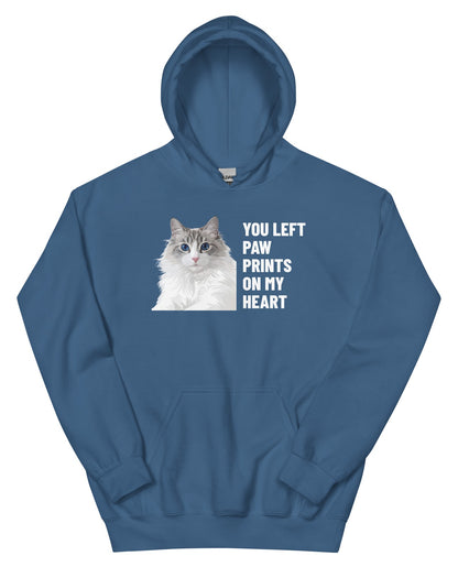 You Left Paw Prints On My Heart Custom Pet Hoodie (Indigo Blue), Cloud the Ragdoll cat: front view. [ks Colour=Indigo Blue; kind=product]