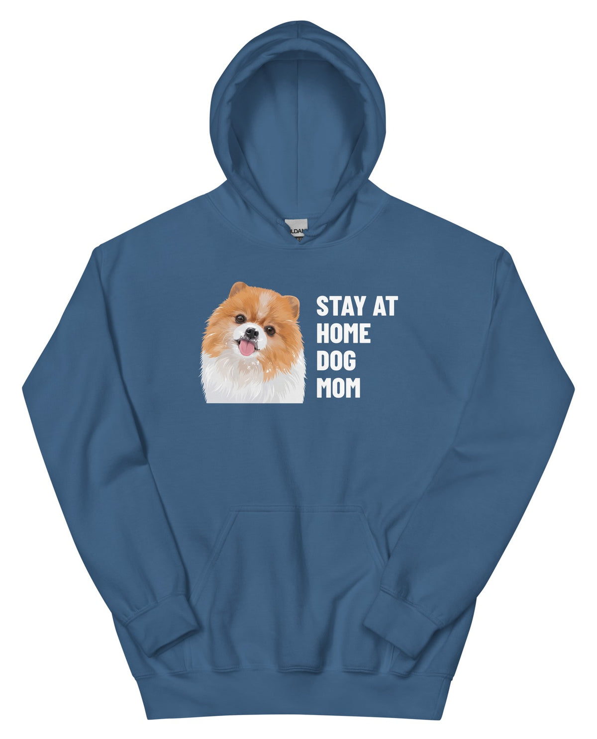 Stay At Home Dog Mom Custom Pet Hoodie (Indigo Blue), Nugget the Pomeranian: front view. [ks Colour=Indigo Blue; kind=product]