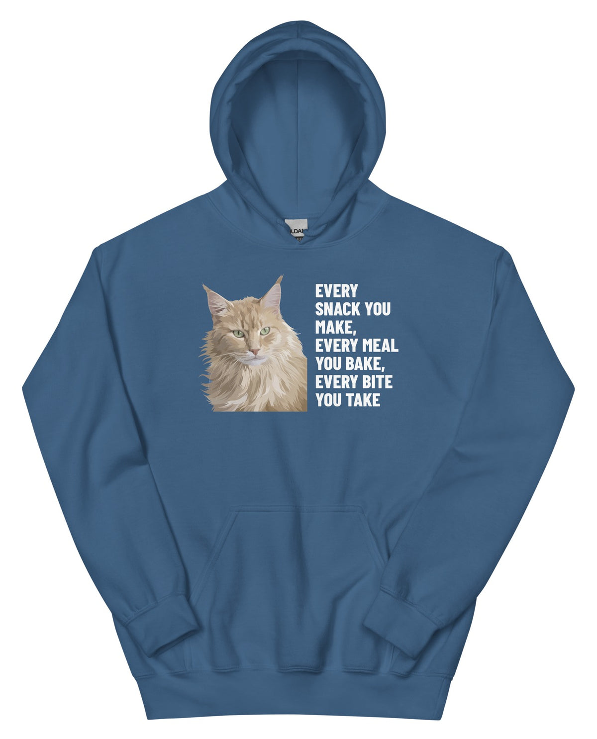 Every Snack You Make, Every Meal You Bake, Every Bite You Take Custom Pet Hoodie (Indigo Blue), Caramel the Maine Coon cat: front view. [ks Colour=Indigo Blue; kind=product]