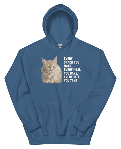 Every Snack You Make, Every Meal You Bake, Every Bite You Take Custom Pet Hoodie (Indigo Blue), Caramel the Maine Coon cat: front view. [ks Colour=Indigo Blue; kind=product]