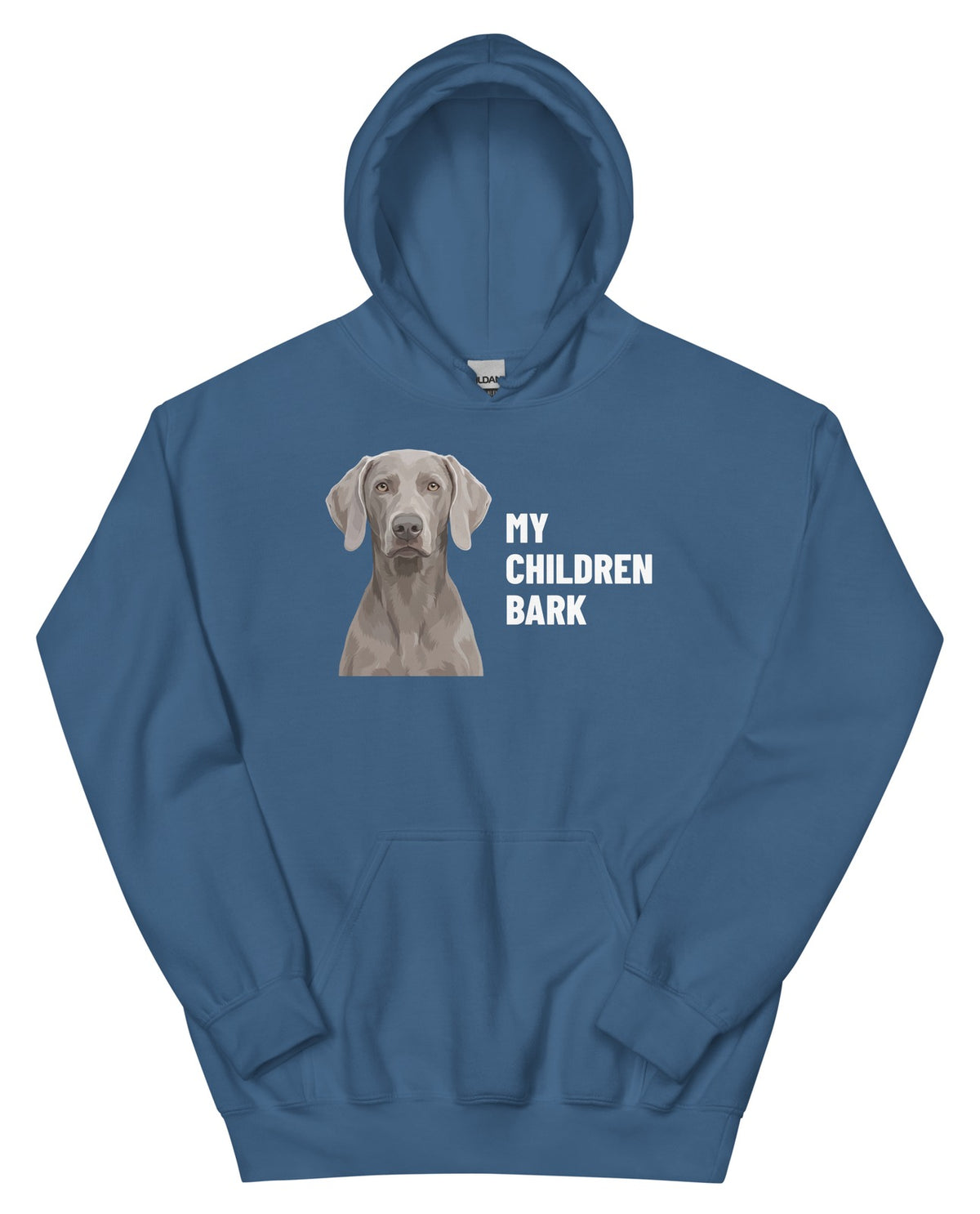 My Children Bark Custom Pet Hoodie (Indigo Blue), Pewter the Weimaraner: front view. [ks Colour=Indigo Blue; kind=product]