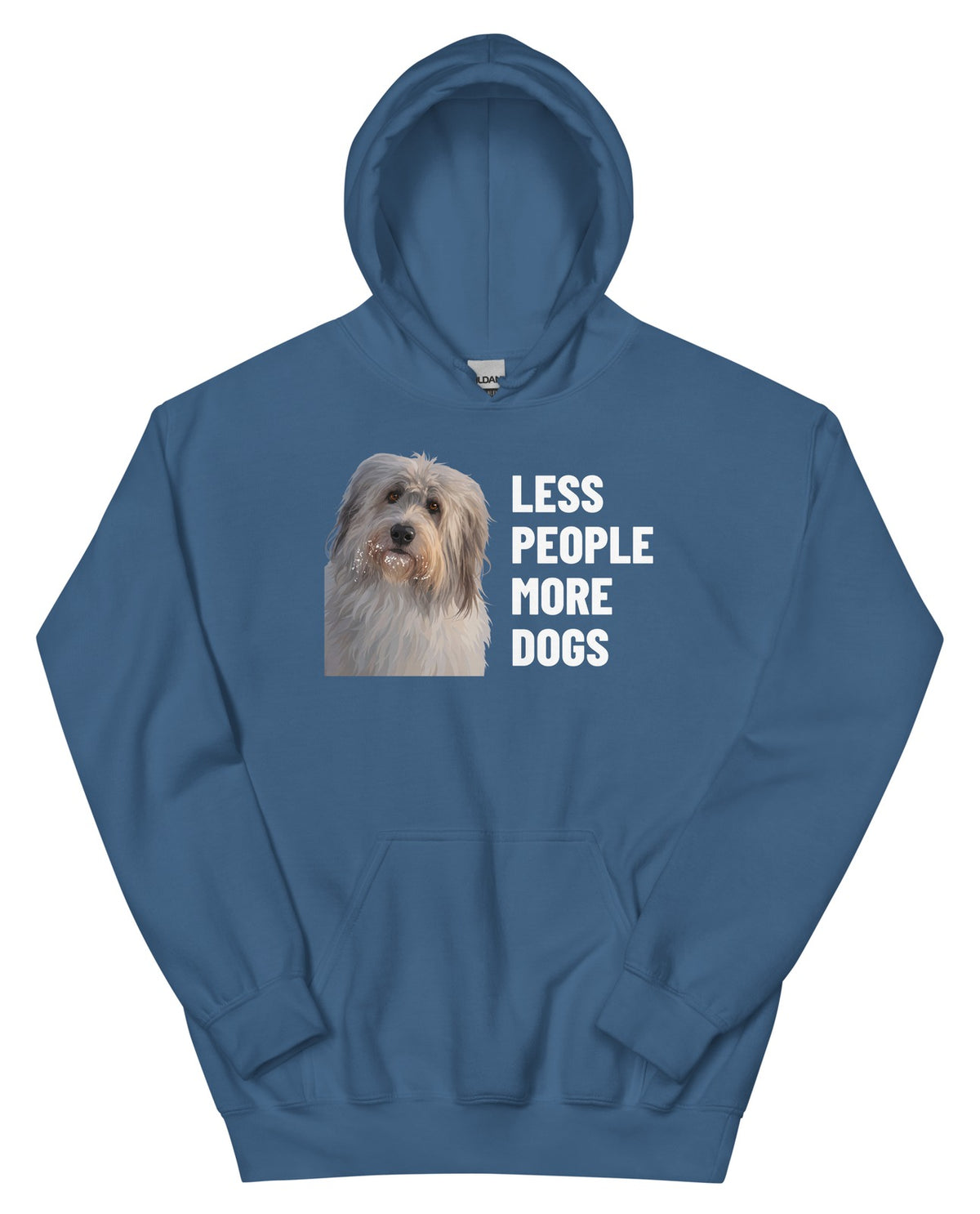 Less People More Dogs Custom Pet Hoodie (Indigo Blue), Gandalf the Sheepdog: front view. [ks Colour=Indigo Blue; kind=product]