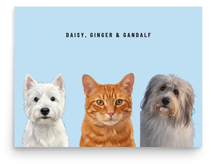 Holiday Custom Three Pet Portrait (Poster Only): Daisy the West Highland White Terrier & Ginger the orange tabby cat & Gandalf the Sheepdog on a Sky background. [ks Style=Poster Only; Background=Sky]
