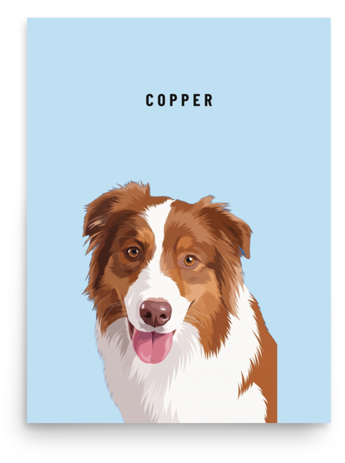 Custom Single Pet Portrait Poster Print: Copper the Australian Shepherd on a Sky background. [ks Background=Sky]