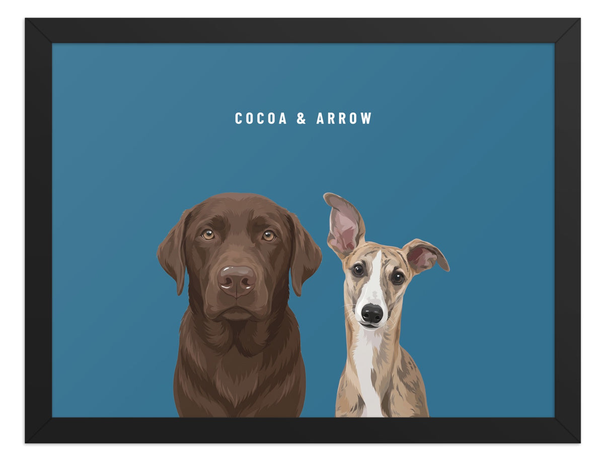 Custom Two Pet Portrait Framed Print (Black): Cocoa the chocolate Labrador & Arrow the Whippet on a Ocean background. [ks Frame=Black; Background=Ocean]