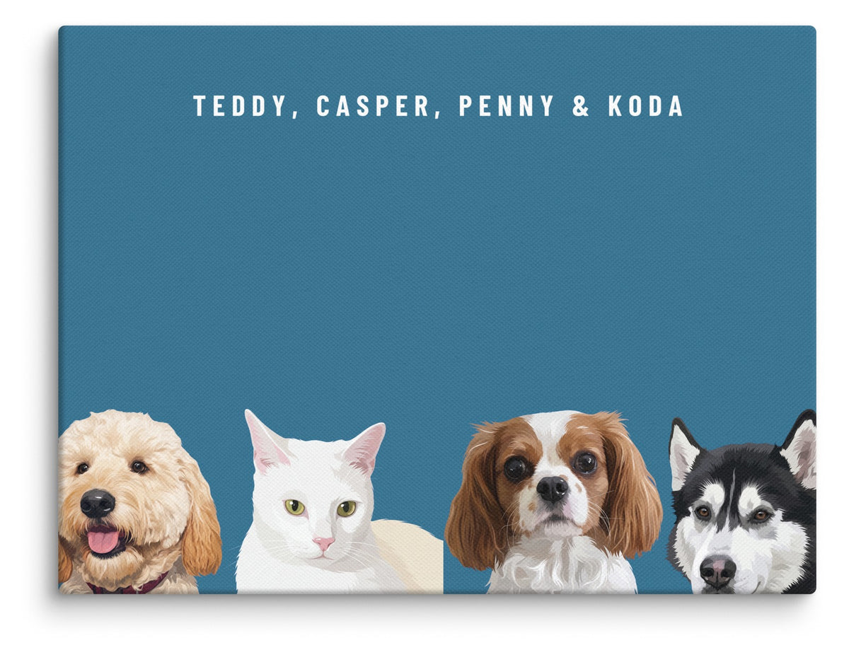 Custom Four Pet Portrait Canvas (Canvas): Teddy the Goldendoodle & Casper the white cat & Penny the Cavalier King Charles Spaniel & Koda the Siberian Husky on a Ocean background. [ks Style=Canvas; Background=Ocean]