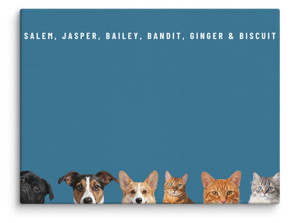 Custom Six Pet Portrait Canvas (Canvas): Salem the Pug & Jasper the Jack Russell Terrier & Bailey the Pembroke Welsh Corgi & Bandit the Bengal cat & Ginger the orange tabby cat & Biscuit the tabby kitten on a Ocean background. [ks Style=Canvas; Background=Ocean]