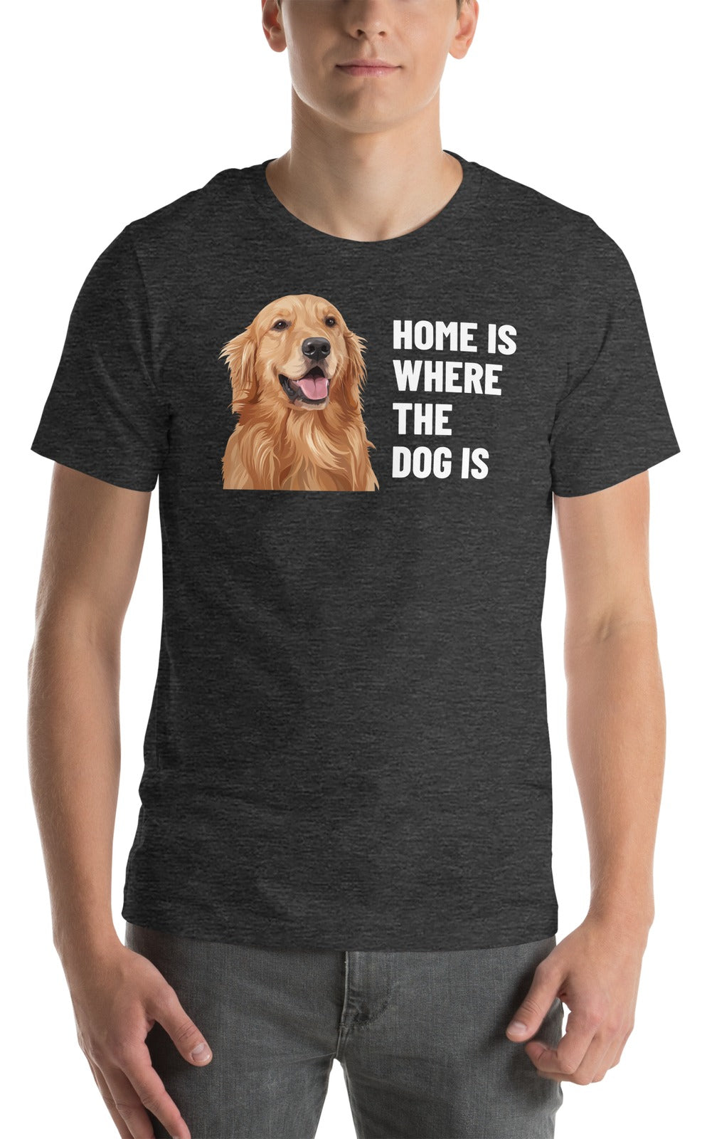 Home Is Where The Dog Is Custom Pet T-Shirt (Dark Grey Heather), Cooper the Golden Retriever: worn by a model. [ks Colour=Dark Grey Heather; kind=product]