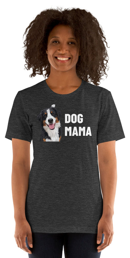 Dog Mama Custom Pet T-Shirt (Dark Grey Heather), Bear the Bernese Mountain Dog: worn by a model. [ks Colour=Dark Grey Heather; kind=product]