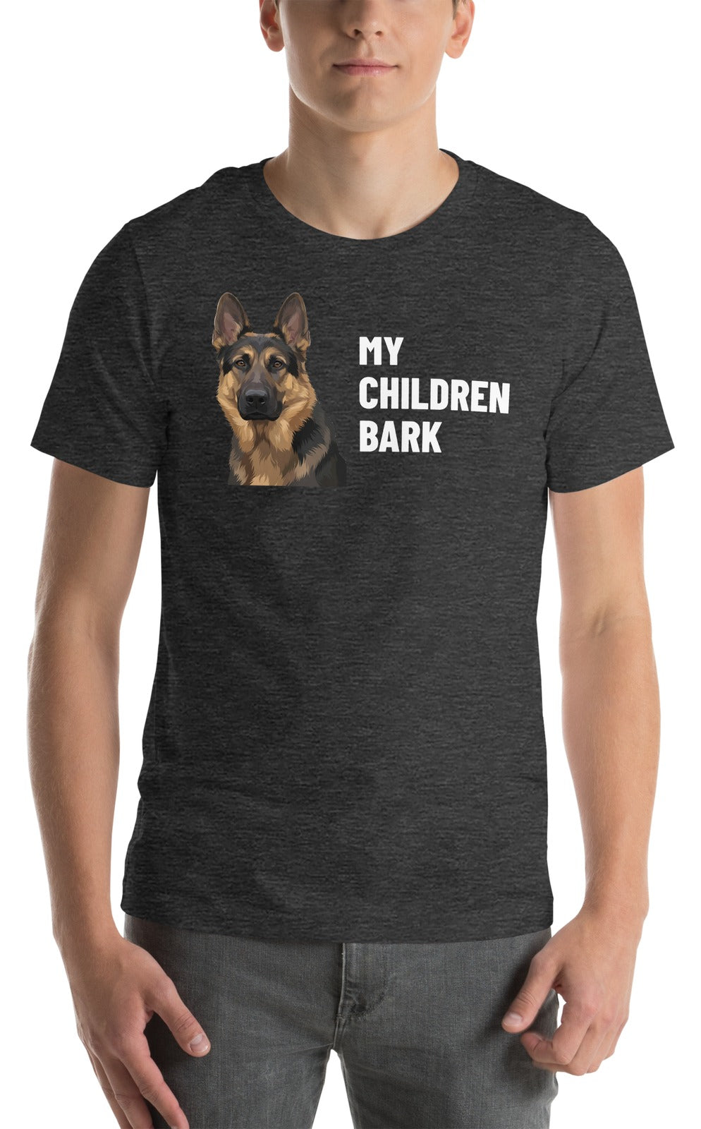 My Children Bark Custom Pet T-Shirt (Dark Grey Heather), Max the German Shepherd: worn by a model. [ks Colour=Dark Grey Heather; kind=product]