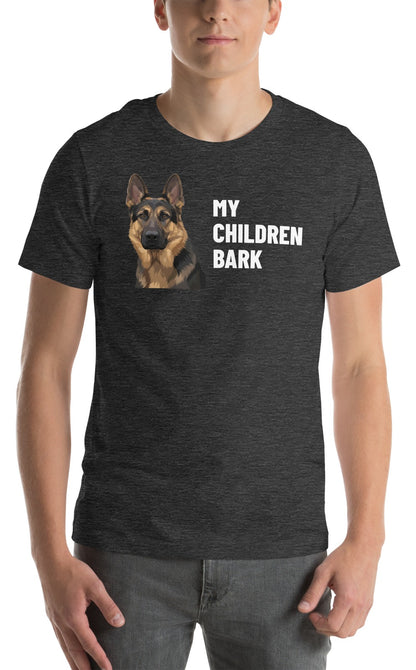 My Children Bark Custom Pet T-Shirt (Dark Grey Heather), Max the German Shepherd: worn by a model. [ks Colour=Dark Grey Heather; kind=product]