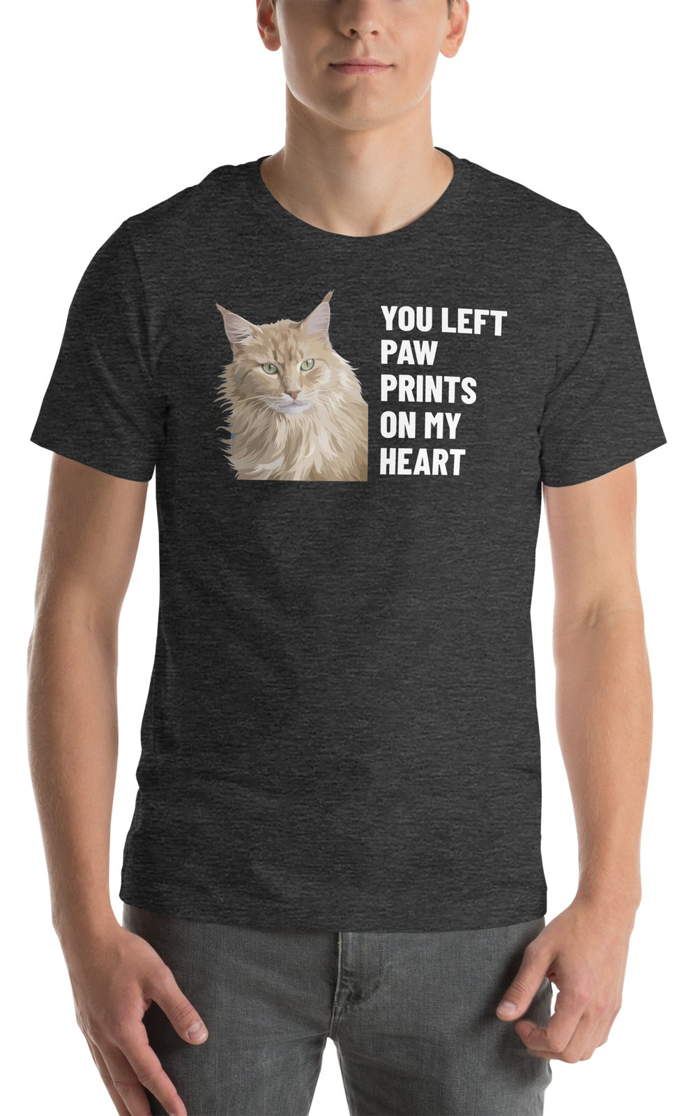 You Left Paw Prints On My Heart Custom Pet T-Shirt (Dark Grey Heather), Caramel the Maine Coon cat: worn by a model. [ks Colour=Dark Grey Heather; kind=product]