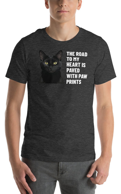 The Road To My Heart Is Paved With Paw Prints Custom Pet T-Shirt (Dark Grey Heather), Olive the black cat: worn by a model. [ks Colour=Dark Grey Heather; kind=product]