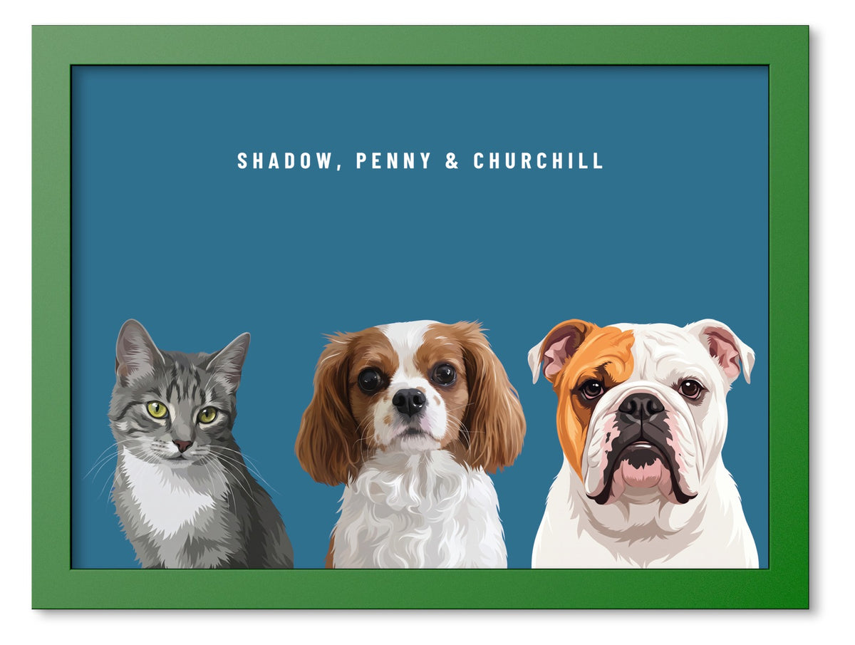 Custom Three Pet Portrait Coloured Frame Print (Forest Green): Shadow the grey tabby cat & Penny the Cavalier King Charles Spaniel & Churchill the English Bulldog on a Ocean background. [ks Frame Colour=Forest Green; Background=Ocean]
