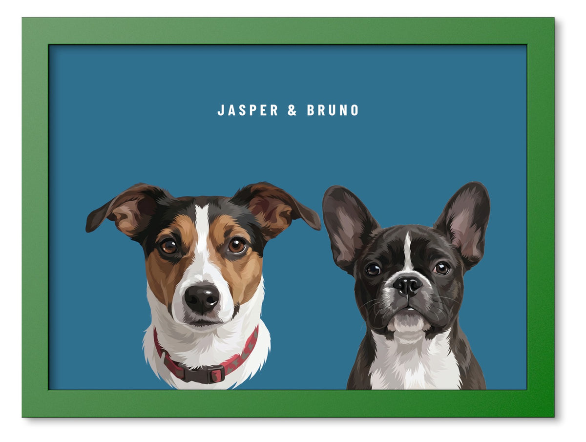 Custom Two Pet Portrait Coloured Frame Print (Forest Green): Jasper the Jack Russell Terrier & Bruno the French Bulldog on a Ocean background. [ks Frame Colour=Forest Green; Background=Ocean]