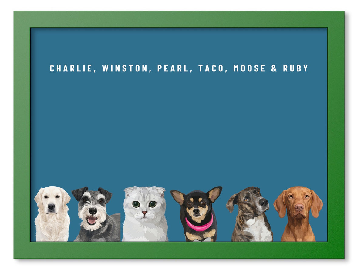 Custom Six Pet Portrait Coloured Frame Print (Forest Green): Charlie the Golden Retriever & Winston the Miniature Schnauzer & Pearl the Scottish Fold cat & Taco the Chihuahua & Moose the mixed-breed dog & Ruby the Vizsla on a Ocean background. [ks Frame Colour=Forest Green; Background=Ocean]