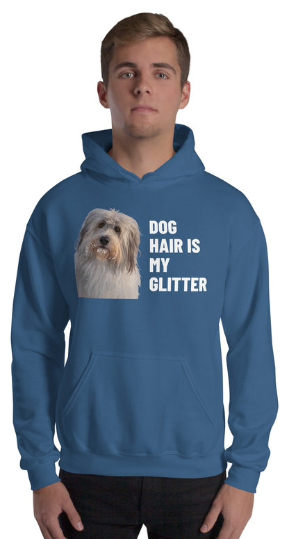 Dog Hair Is My Glitter Custom Pet Hoodie (Indigo Blue), Gandalf the Sheepdog: worn by a model. [ks Colour=Indigo Blue; kind=product]